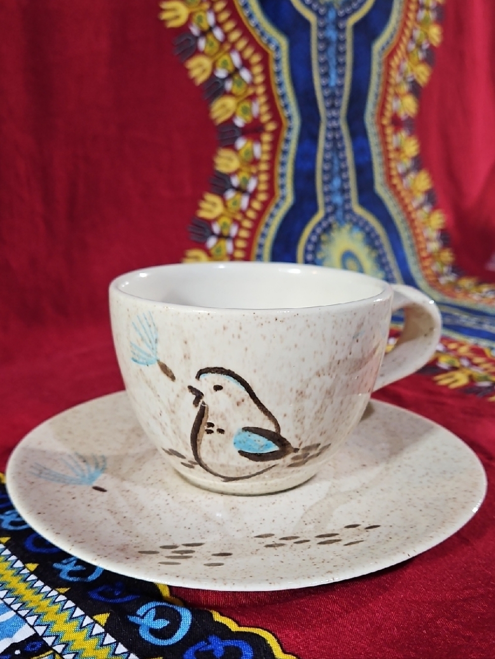 RedWing Speckled Beige Ceramic Teacup & Saucer with Blue Bird Motif